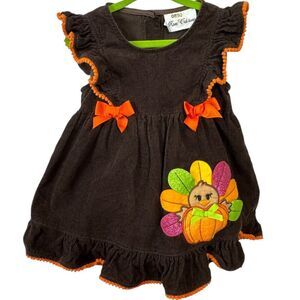 Rare Editions Girls Brown & orange Corduroy Apron Dress Cute pumpkin turkey 24M
